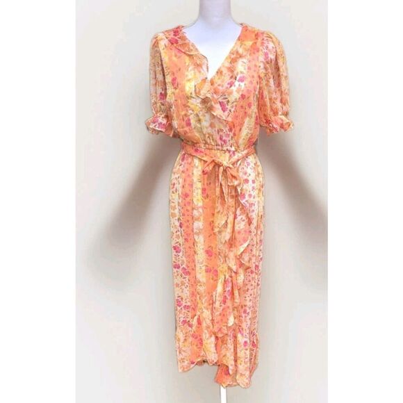LC Lauren Conrad Maxi Dress Coral Pink Chiffon Floral Puff Ruffled Cottagecore - Picture 2 of 6